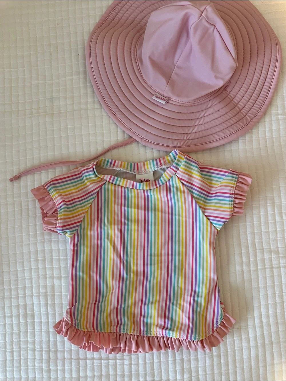 Ruffle Butts Rainbow Striped 2 piece bathing suit and hat